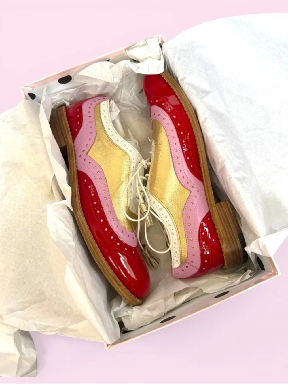 Patent Leather Tri-Tone Tassel Brogues — Red, Pink & White - Picture 5 of 12